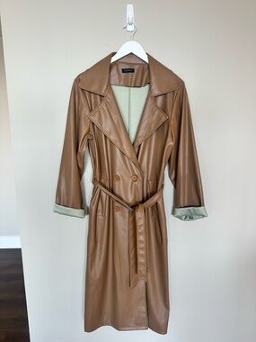 Women's Faux Leather Trench Coat in Caramel with Belt